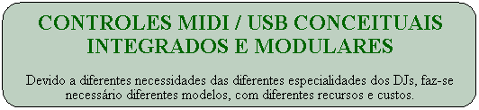 Controles&nbsp;MIDI / USB conceituais integrados e modulares

Devido a diferentes necessidades das diferentes especialidades dos DJs, faz-se necess�rio diferentes modelos, com diferentes recursos e custos.
